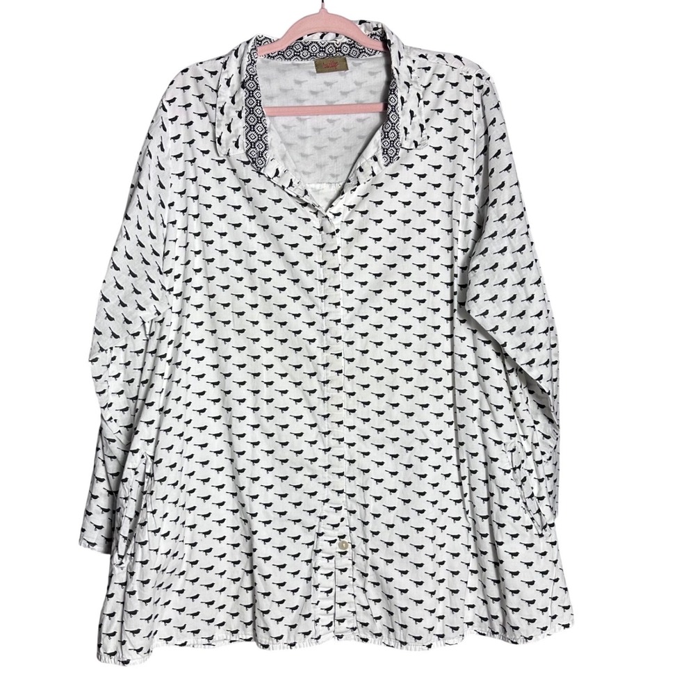 Tulip XL White Cotton Bird Print Button Down‎ Back Tunic Shirt Long Sleeve boho